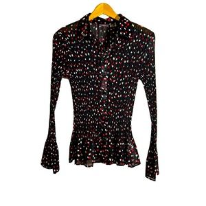 Apt.9 Vintage Black & Red White Print Pleated Bell Sleeve Peplum Hem Blouse, S